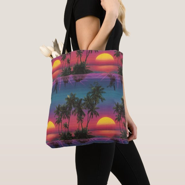 Retro Synthwave Palm Tree Sunset Pattern Tote Bag (Close Up)