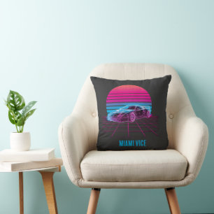 Retro Synthwave Sports Car 80s Neon Sunset Custom Throw Pillow