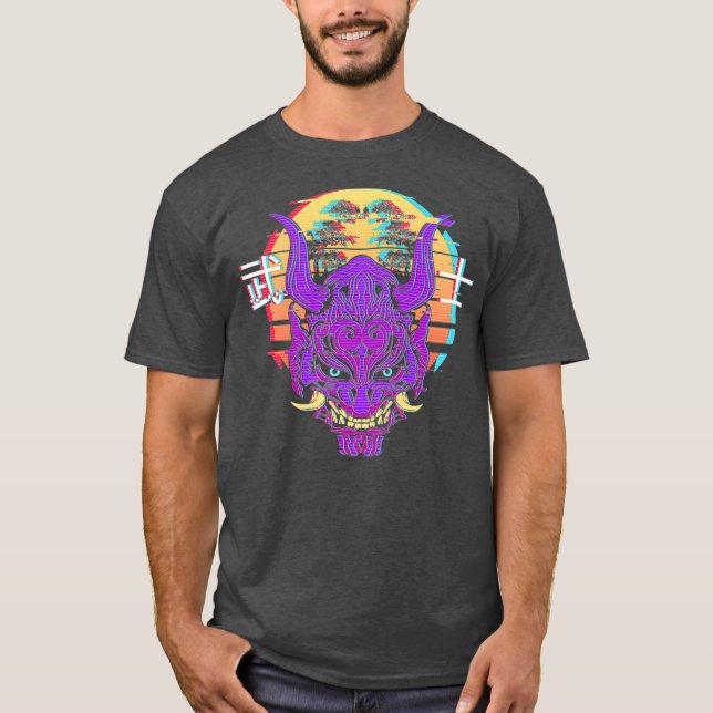Retro Sythwave Samurai Mask With Bonsai Tree T-Shirt (Front)
