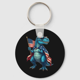 Retro T Rex Dinosaur 4th Of July American Flag Usa Keychain