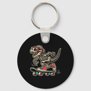 Retro T-rex Skeleton Dinosaur Skateboarding Boys  Keychain