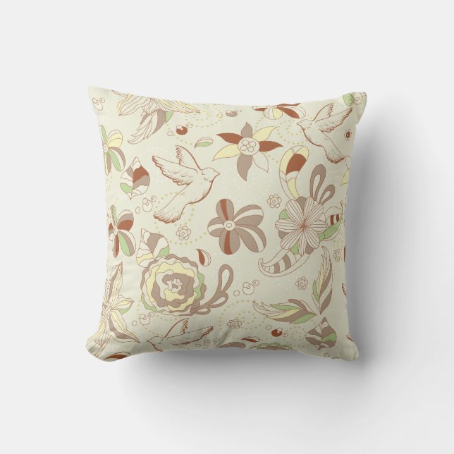 Retro Tan and Brown Floral Throw Pillow (Front)