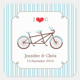Retro Tandem Bicycle Blue & White Striped Wedding Square Sticker