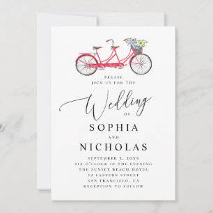 Retro tandem bicycle. Elegant script wedding Invitation