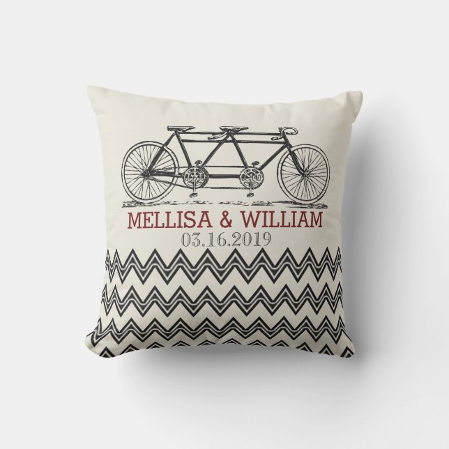 Retro Tandem Bicycle Zigzag Chevron Wedding Gift Throw Pillow (Front)