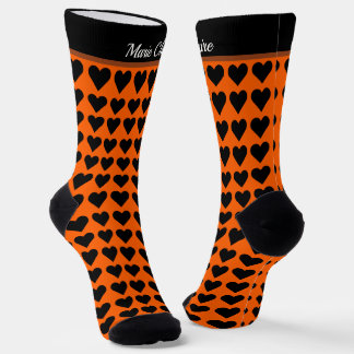 Retro Tangerine Black Little Hearts Custom Name Socks