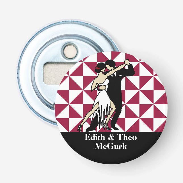Retro Tango Dancers on Maroon Geometric Bottle Opener (Front)