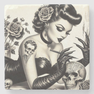 Retro Tattoed Goth Pin-up Stone Coaster