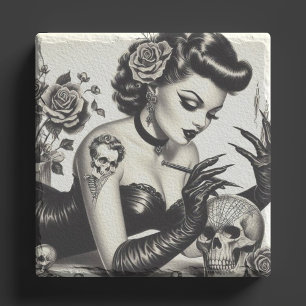 Retro Tattoed Goth Pin-up Stone Coaster