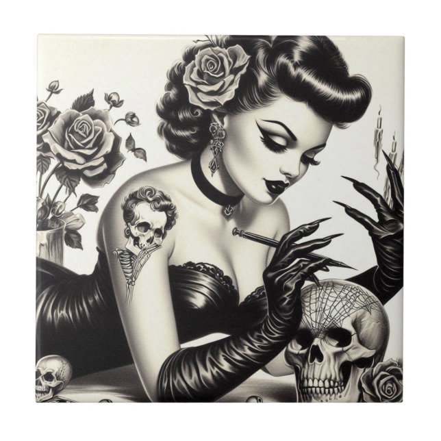 Retro Tattoed Goth Pin-up Tile (Front)