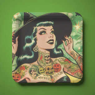 Retro Tattoed Witch Comic Paper Plate