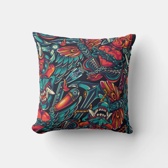 Retro Tattoo Pattern Throw Pillow (Front)