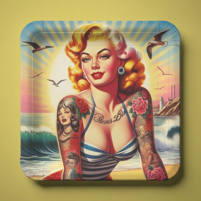 Retro Tattooed Bikini Pin-up Paper Plate (Creator Uploaded)