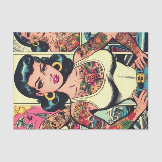 Retro Tattooed Pin-up Comics Tissue Paper (Front)