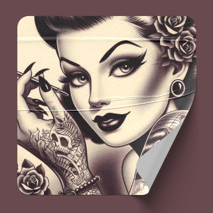 Retro Tattooed Pin Up Square Sticker