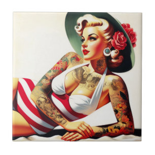 Retro Tattooed Swimsuit Pin-up Tile