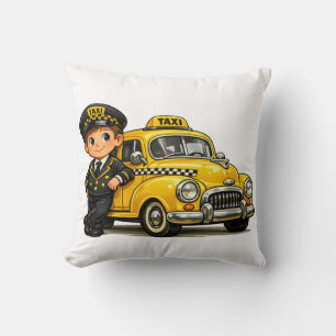 Retro Taxi Driver Boy with Vintage Yellow Car T-Sh Throw Pillow