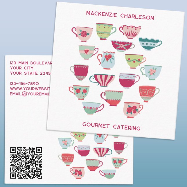 Retro Tea Cup Catering Bakery Cafe QR Code Square Business Card (Retro tea cup QR code cafe bakery catering business code with custom text)