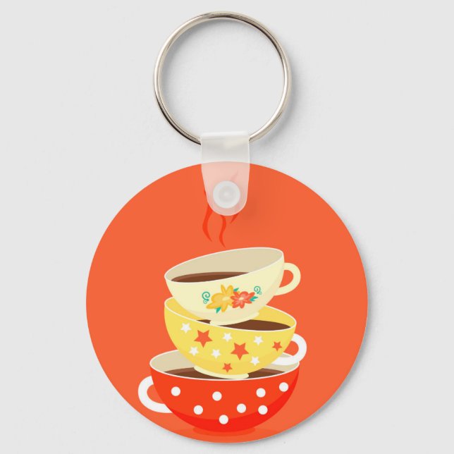 Retro tea vintage tea cups whimsical art keychain (Front)