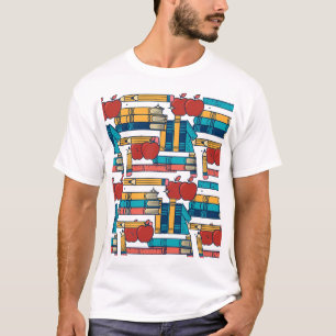 Retro Teacher Apples Books Pencils Pattern T-Shirt
