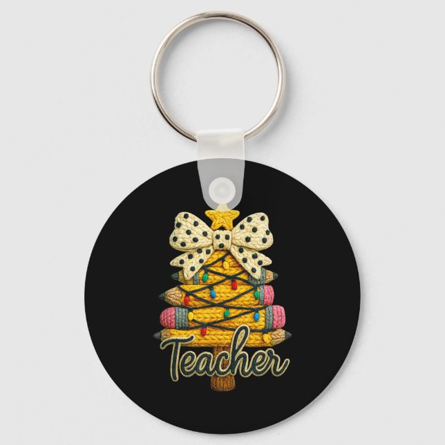 Retro Teacher Christmas, Funny Coquette Bow Gift S Keychain (Front)