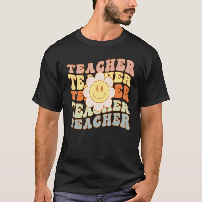 Retro Teacher Daisy Colorful Elementary School Cut T-Shirt (Front)