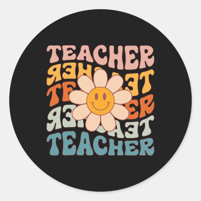 Retro Teacher Daisy Colourful - Elementary School  Classic Round Sticker (Front)