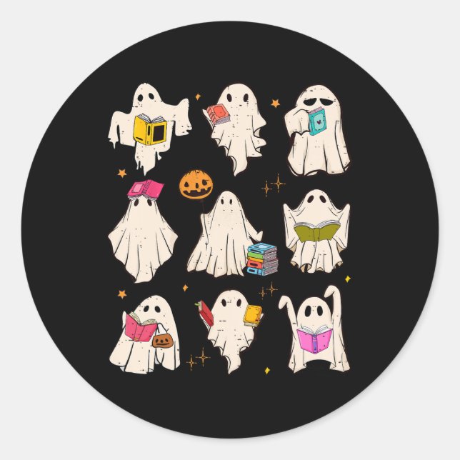 Retro Teacher Halloween Ghost Read More Books Teac Classic Round Sticker (Front)