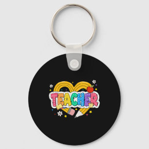Retro Teacher Heart Pencil Colourful Groovy School Keychain