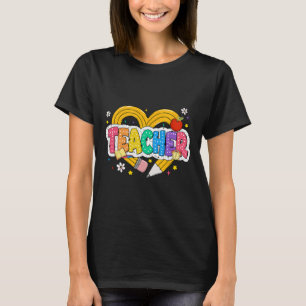 Retro Teacher Heart Pencil Colourful Groovy School T-Shirt