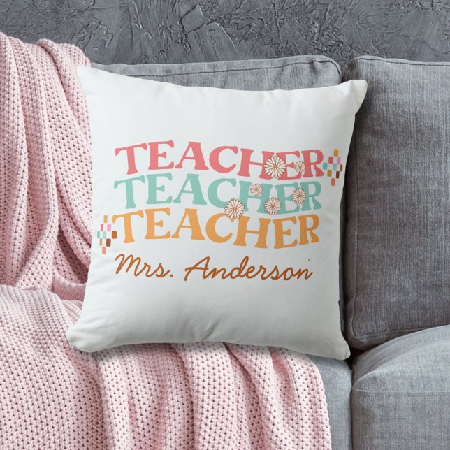 Retro Teacher in Colourful 70s Style Throw Pillow (In situ)