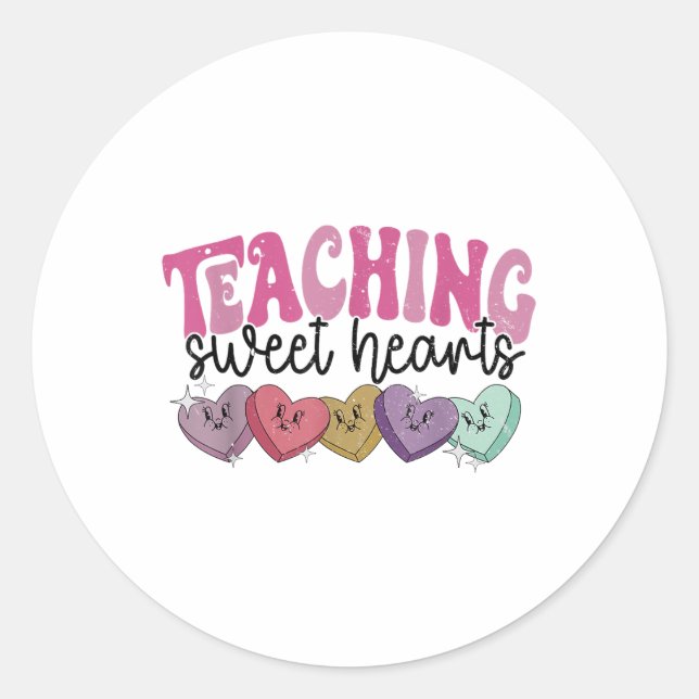 Retro Teaching Sweethearts Candy Heart Teacher Val Classic Round Sticker (Front)