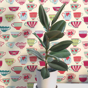 Retro Teacups Cream Wallpaper