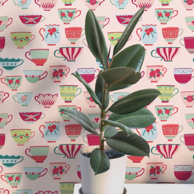Retro Teacups Pink Wallpaper (Retro teacup pattern art wallpaper)