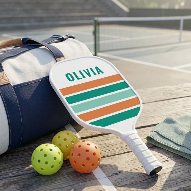 Retro Teal and Orange Stripes Custom Name Pickleball Paddle (Creator Uploaded)