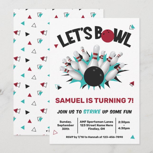 Retro Teal and Red Bowling Birthday Party Invitation (Front/Back)
