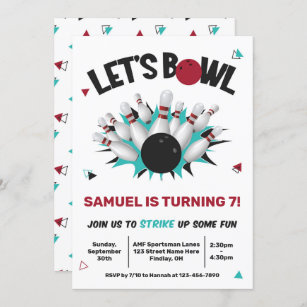 Retro Teal and Red Bowling Birthday Party Invitation