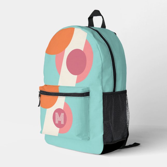 Retro Teal Aqua Blue Green Peach Pink Orange Art Printed Backpack (Back Corner Right)