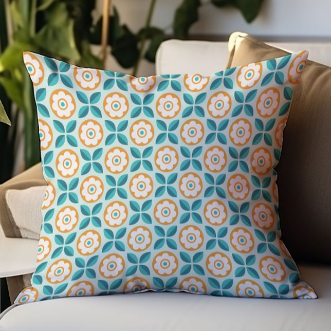 Retro Teal Aqua Orange Floral Geometric Pattern Throw Pillow (Creator Uploaded)