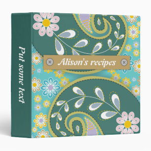 Retro teal, aqua paisley colourful floral recipe binder