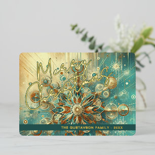 Retro Teal Blue Abstract Snowflake Floral Art Gold Foil Holiday Card