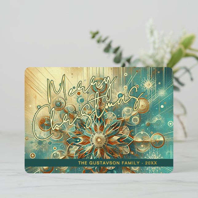 Retro Teal Blue Abstract Snowflake Floral Art Gold Foil Holiday Card (Standing Front)