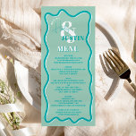 Retro teal blue curve squiggle wavy wedding menu<br><div class="desc">A cool bold wedding menu with custom names with a hand written calligraphy and serif font,  2 names ,  two styles with Retro boho teal blue curve squiggle wavy wedding. All the text,  names and background colours are customizable for you to mix and match your wedding suite.</div>