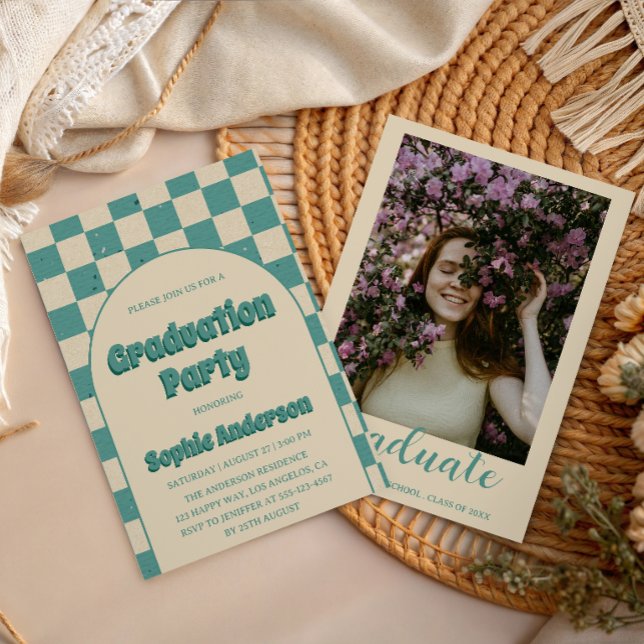 Retro Teal Chequerboard Arch Graduation Party    Invitation (Creator Uploaded)