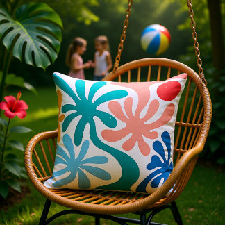 Retro Teal Coral Abstract Tropical Palms Summer Throw Pillow