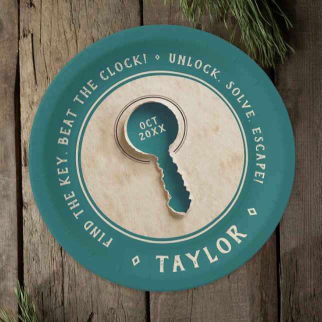 Retro Teal  Escape Room Key Solve Treasure Hunt  Paper Plate (Creator Uploaded)