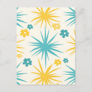 Retro Teal Mustard Floral Burst Postcard