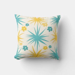 Retro Teal Mustard Floral Burst Throw Pillow