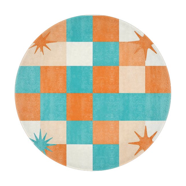 Retro Teal Orange Starburst Checkerboard Cutting Board (Front)