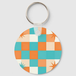 Retro Teal Orange Starburst Checkerboard Keychain
